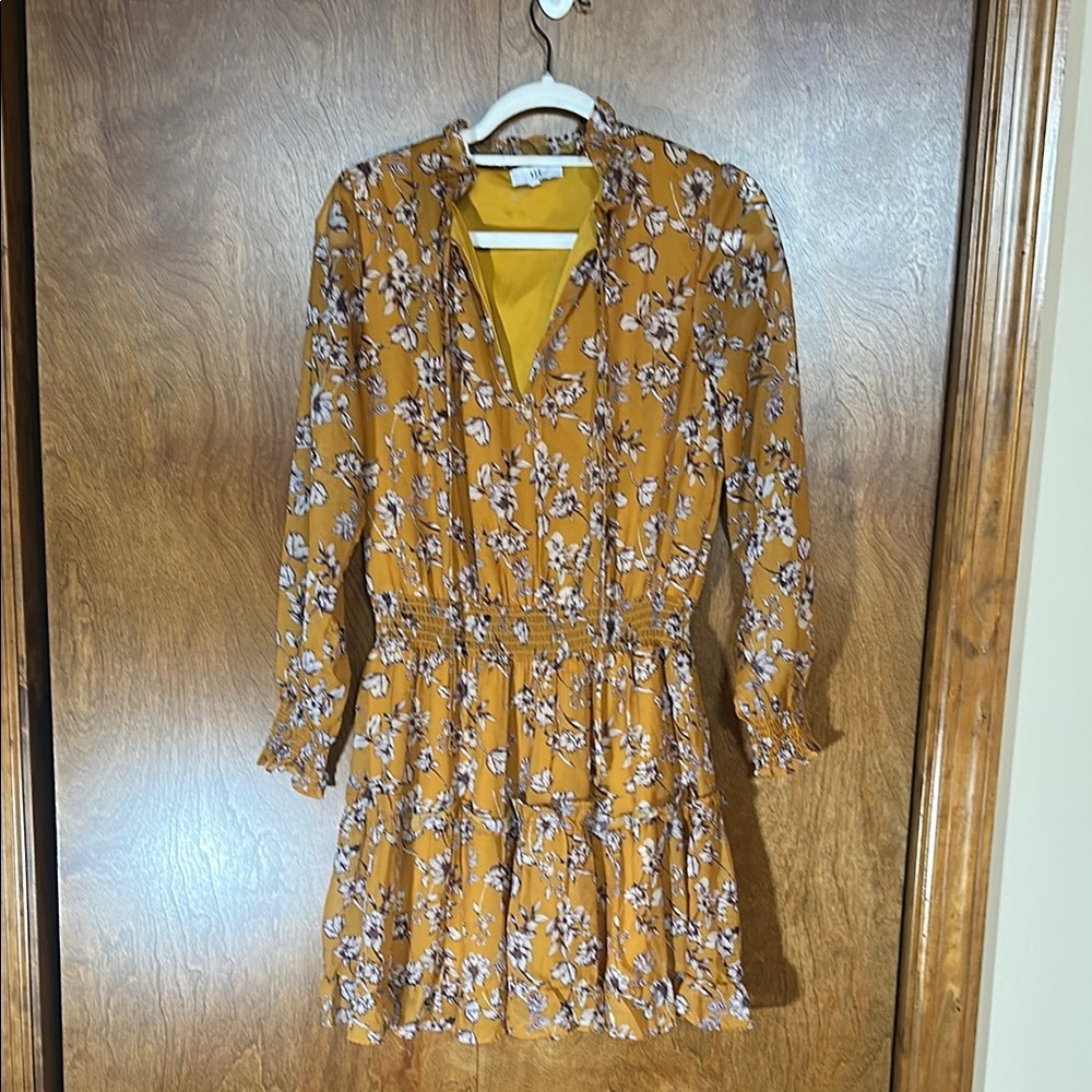 NSR Yellow and Brown Long Sleeve Wrap Sundress